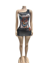 Print Slash Shoulder Mini Dress GFCF 1519