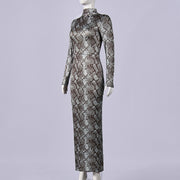 Retro Snake Patterned Ice Silk Maxi Dress GNZD 11814