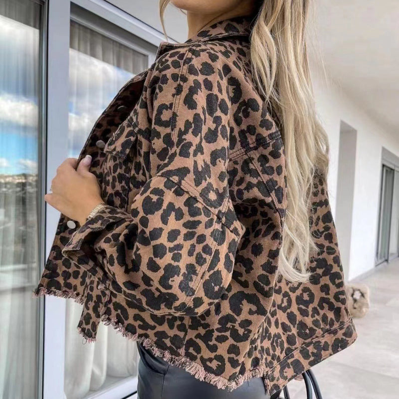 Leopard Print Long Sleeve Denim Coats GSMF ZZP89263