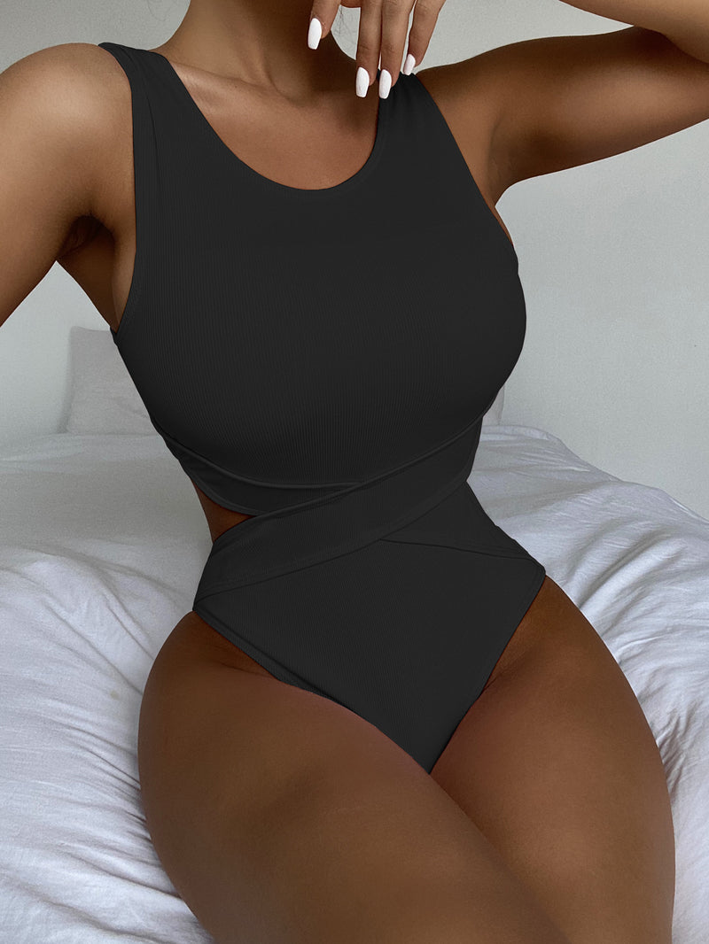 Solid Hollow Out Bikini One Piece Swimsuit CASF 6289