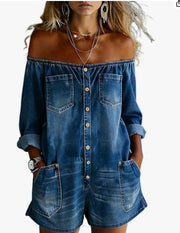 Off Shoulder Denim Loose Romper YRST D019