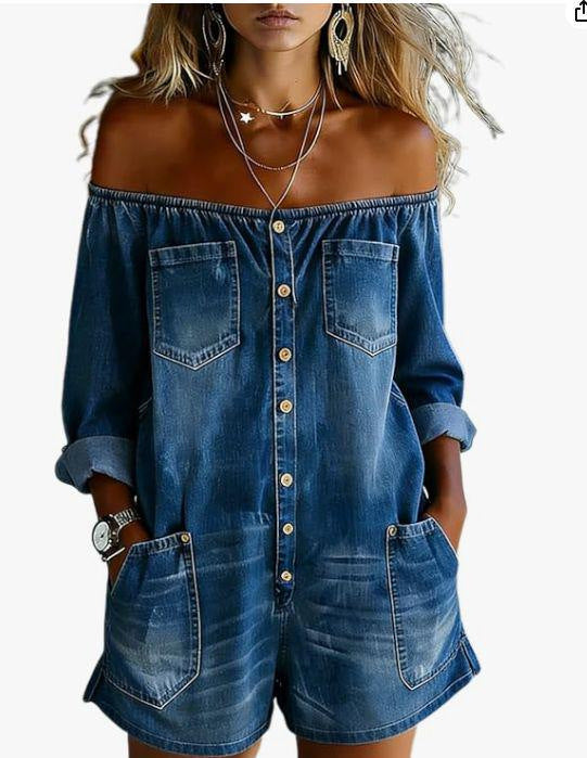 Off Shoulder Denim Loose Romper YRST D019