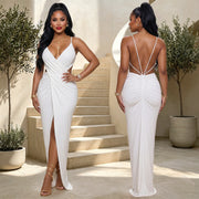 V Neck Cross Hollow Out Split Maxi Dress BY 7802