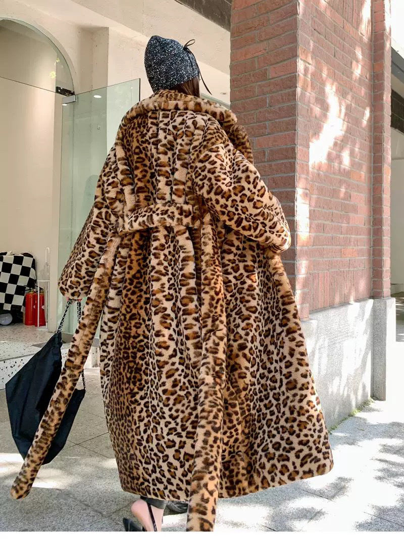 Plus Size Faux fur Leopard Print Rabbit Fur Extra Long Coat HHMY PO1022