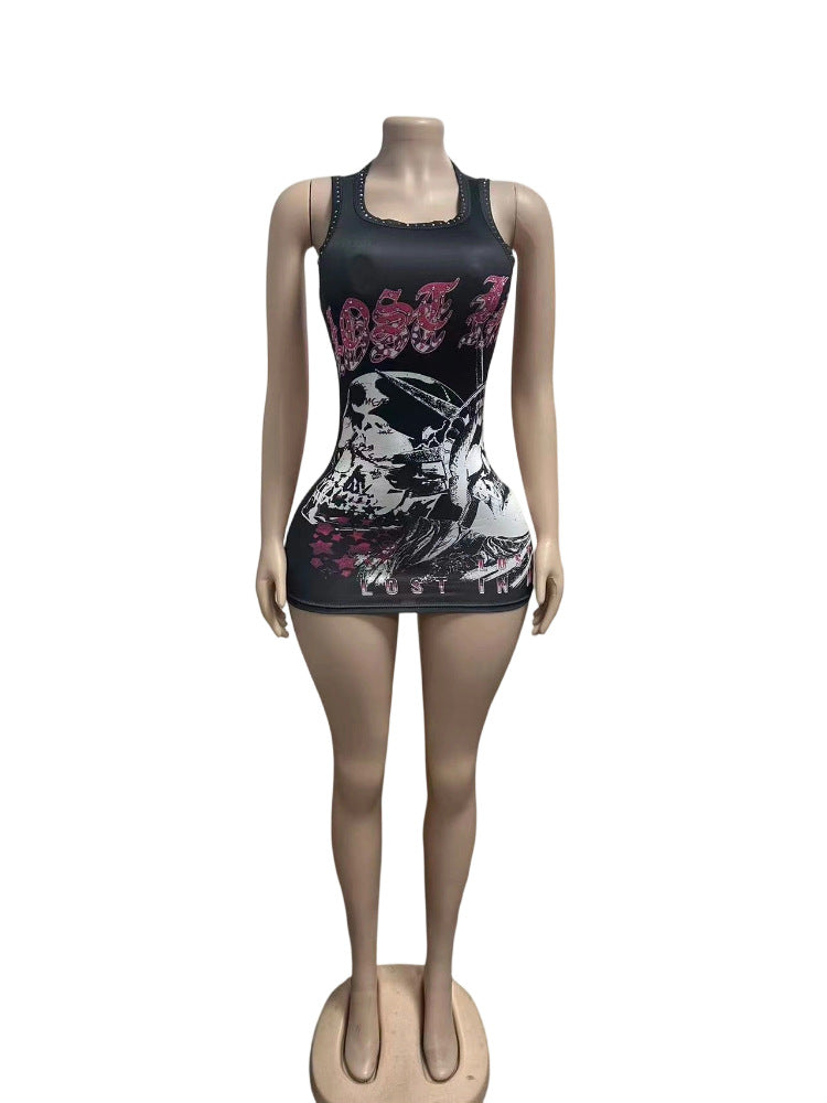 Casual Skull Print Sleeveless Mini Dress GFCF 1522