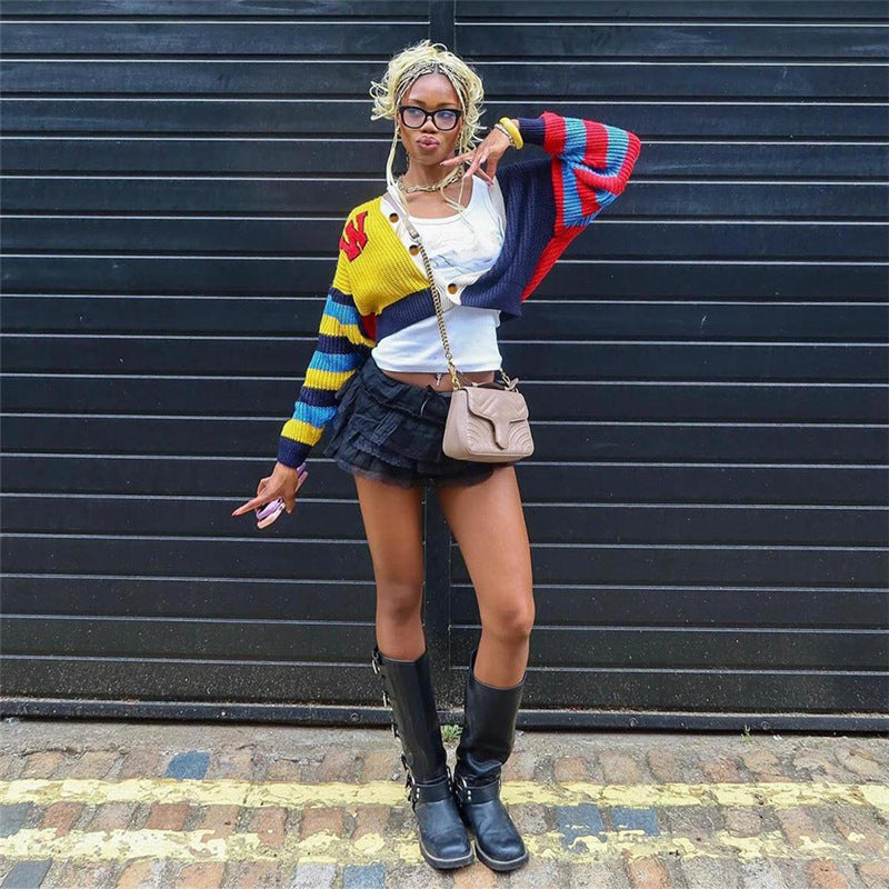 Colorful Letter Print Knits Short Coat DLSF W24L52789