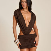Deep V Neck Backless Ruched Mini Dress GSZM C26DS147