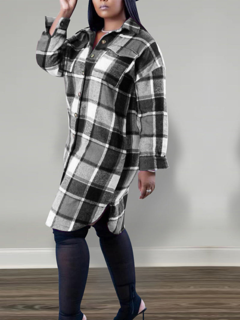 Plaid Print Long Sleeve Long Coats YH 5339