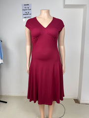 Plus Size V Neck Short Sleeve Midi Dress GAWE 6766