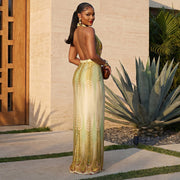 Gradient Print Halterneck Backless Maix Dress GJYO JD305323
