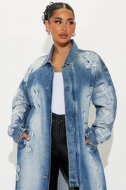 Fashion Denim Cross Embroidery Long Trench Coat LX 6033