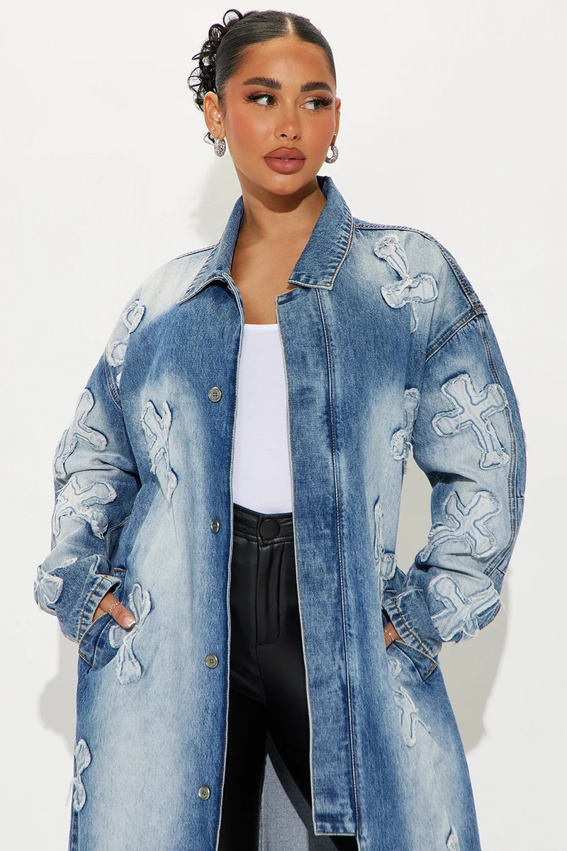Fashion Denim Cross Embroidery Long Trench Coat LX 6033