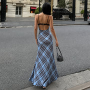 Plaid Patchwork Sling Backless Maxi Dress GPKJ MR49476
