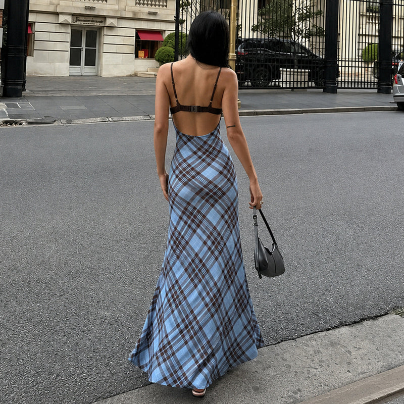 Plaid Patchwork Sling Backless Maxi Dress GPKJ MR49476