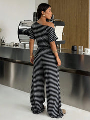 Plus Size Stripe Slash Shoulder Top Wide Leg Pants Suit GAWE 6738
