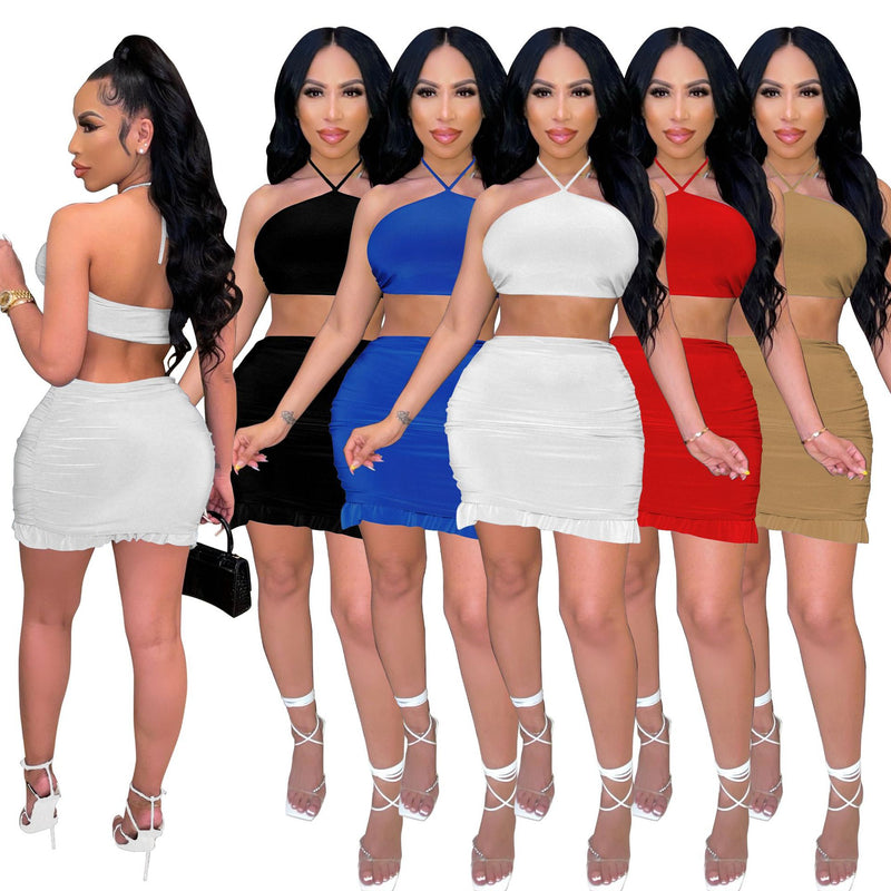 Solid Halter Crop Top Mini Skirt 2 Piece Sets YIBF 60137
