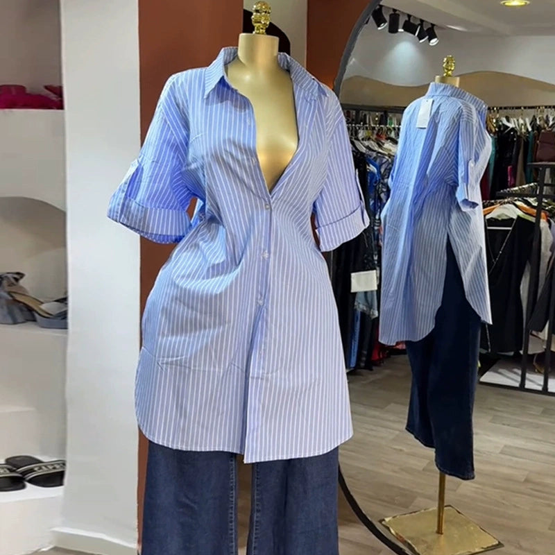 Stripe Short Sleeve Midi lenght Shirt GCNE 72938