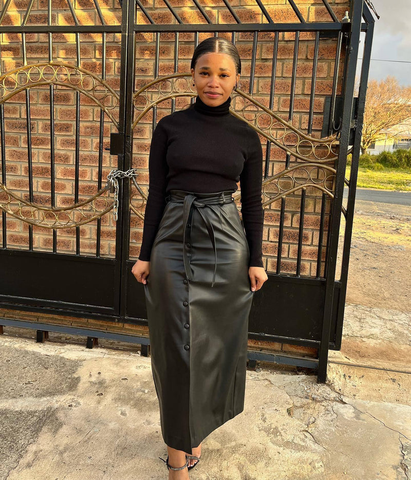 Split Half PU Leather Skirt With Belt QODY 6005