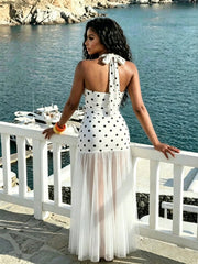 Polka Dot Print See Through Mesh Maxi Dress GQLK 6691