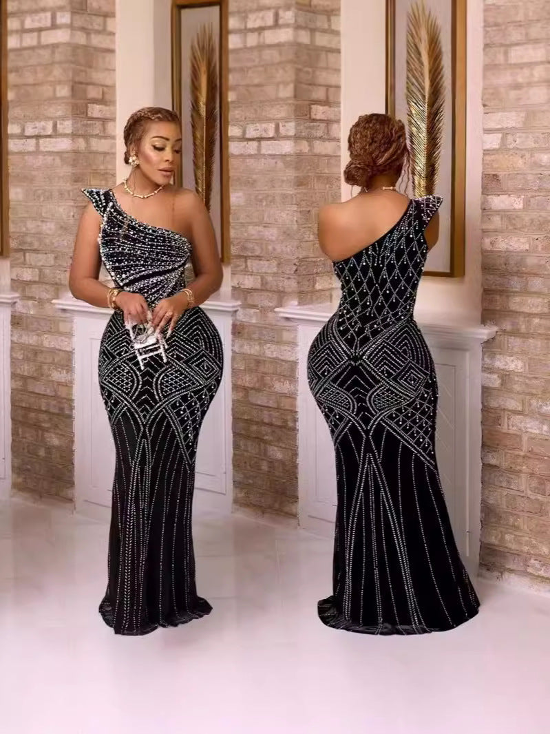 Solid Hot Drill Slash Neck Long Dress GADE 8397