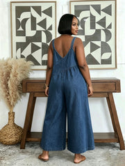 Plus Size Patchwork Washed Denim Sling Wide Leg Jumpsuit GYLN 6441