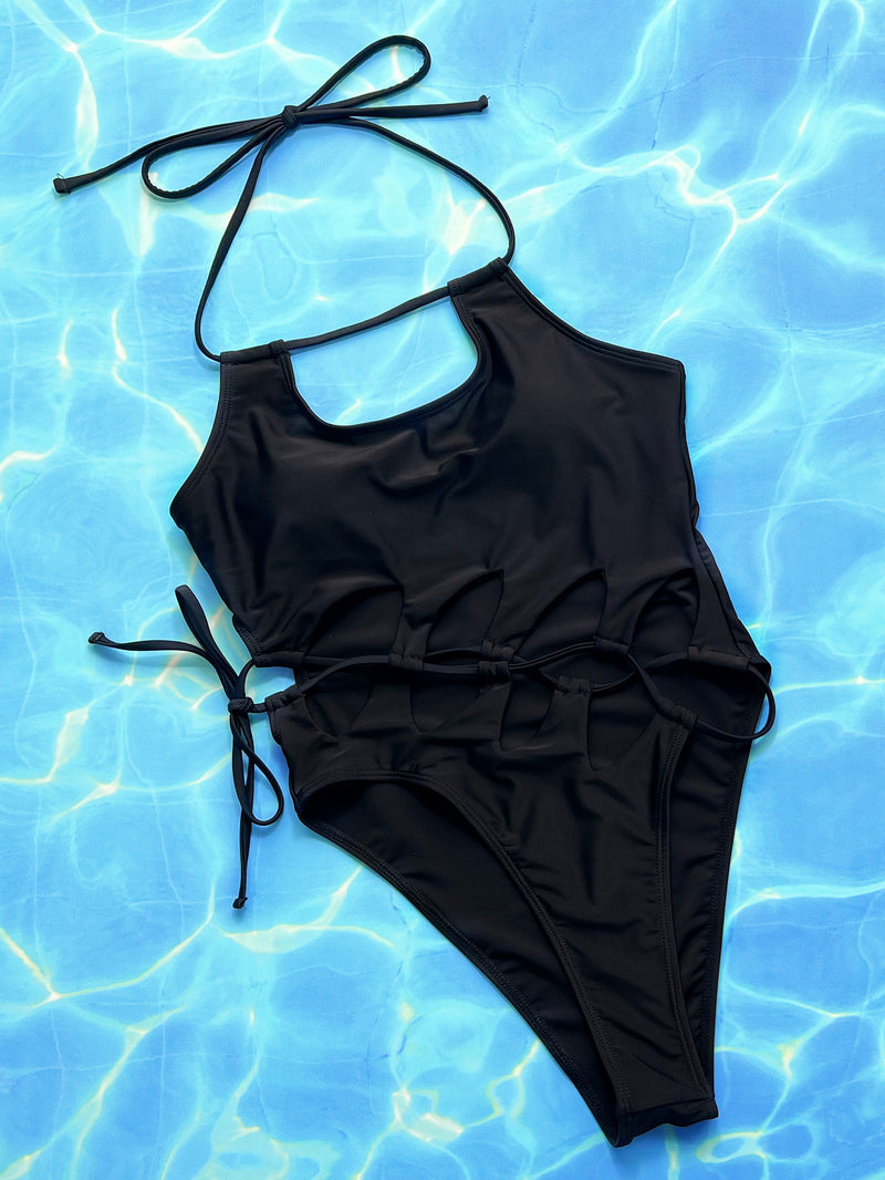 Solid Hollow Out Bandage One Piece Swimsuit CSYZ A09H