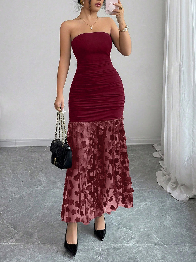 Solid Color Mesh Flower Patchwork Tube Top Dress GSRX 949
