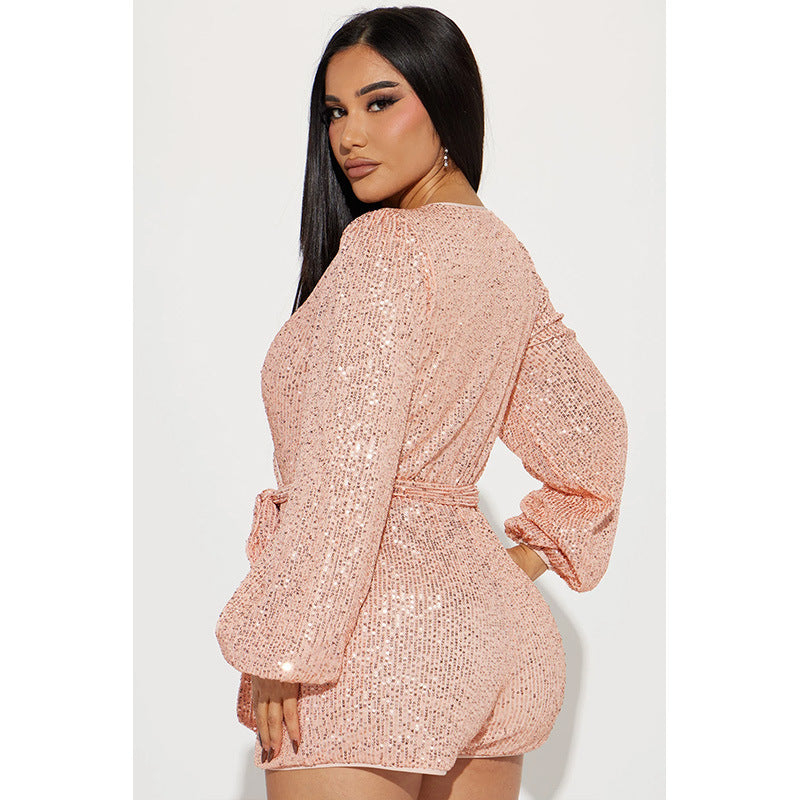 Long Sleeve Sequin Solid Color Belt Romper GYOM 8930