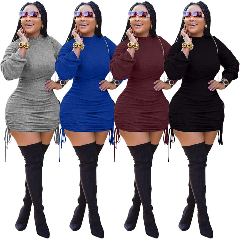 Sexy Solid Long Sleeve Ruched Mini Bodycon Dress XMY 9278