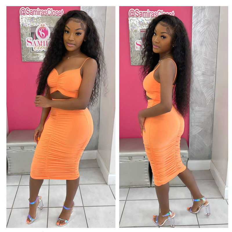 Solid Color Ruched Sling Top Skirt Two Piece Set GFDY 117