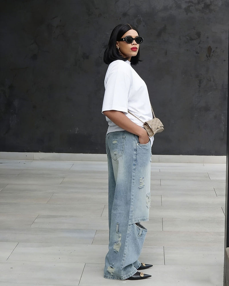 Plus Size Washed Holes Loose Jeans GYLN 3102