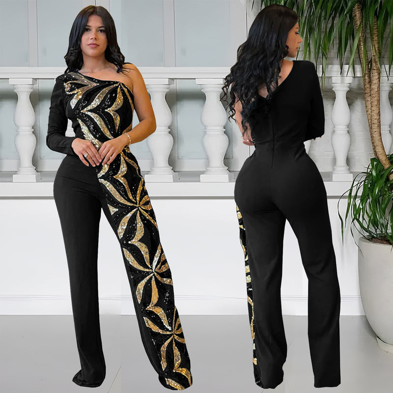 Single Shoulder Long Sleeve Sequin Jumpsuit BY 7301