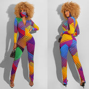 Zipper Print Long Sleeve Jumpsuit Attach Mask FSXF F224