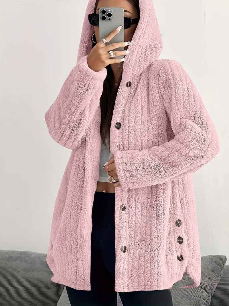 Solid Color Buttoned Long Sleeve Hooded Plush Fashion Coat GYOU CX1022