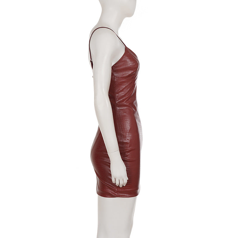 Solid Color Leather Bodycon Mini Dress GPKJ MR50457