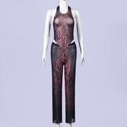 See Through Mesh Tie Up Two Piece Pants Set GNZD 11828