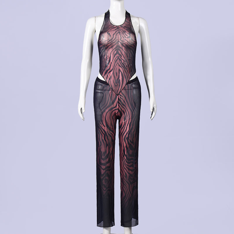 See Through Mesh Tie Up Two Piece Pants Set GNZD 11828