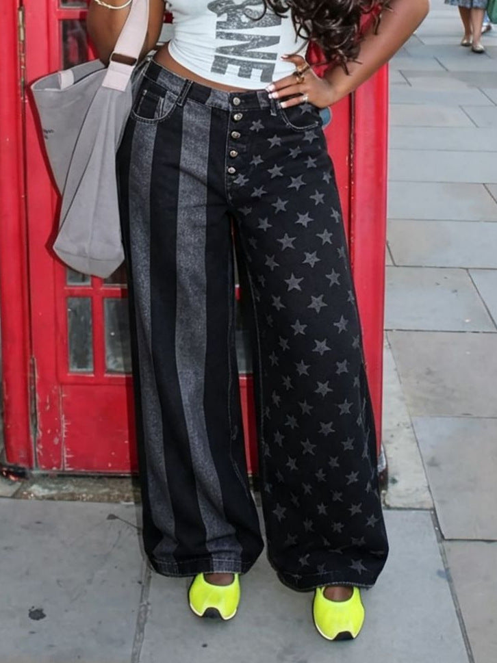 Plus Size Asymmetry Printed Wide Leg Jeans GYLN 3138