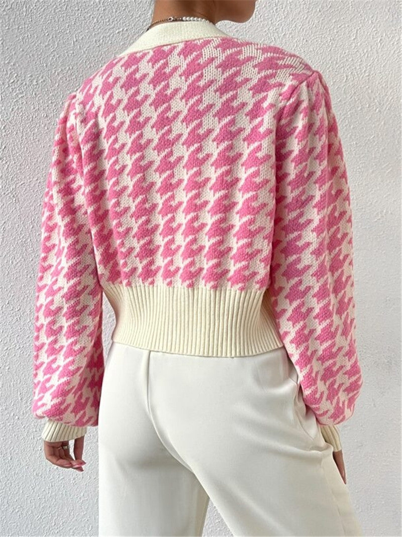 Houndstooth Patterned Knit Cardigan Coat GZYF 1087