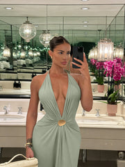 Halterneck Deep V Neck Backless Maxi Dress GWSD D1995197