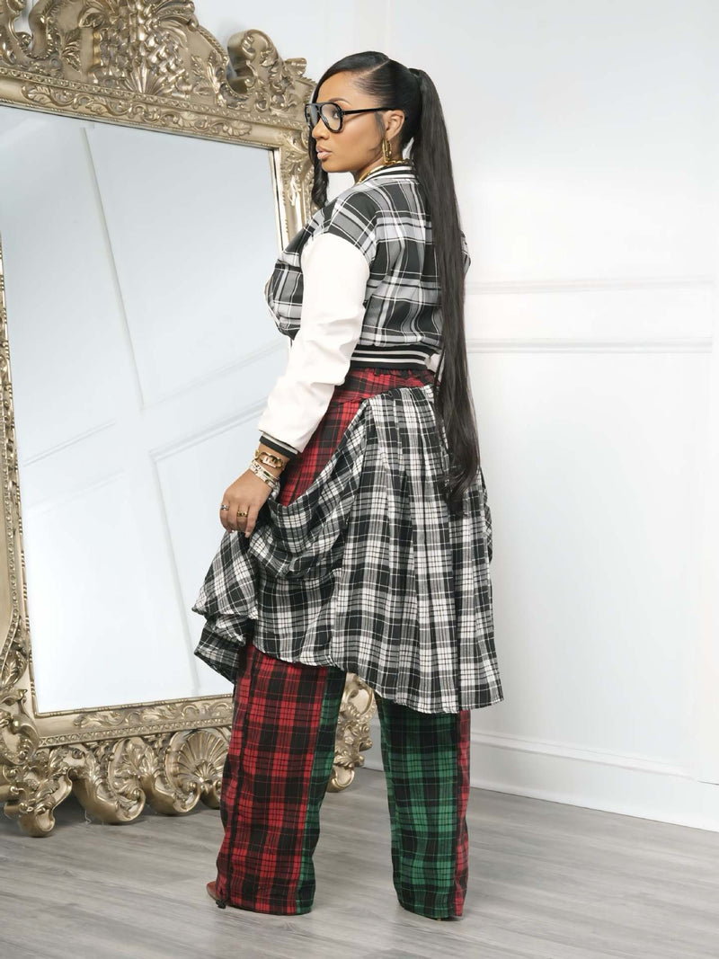 Plaid Print Thickened Patchwork PU Leather Jacket CM 9535