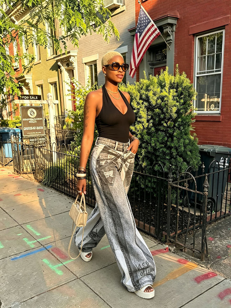 Plus Size Chain Letter Print Straight Jeans GYLN 3306