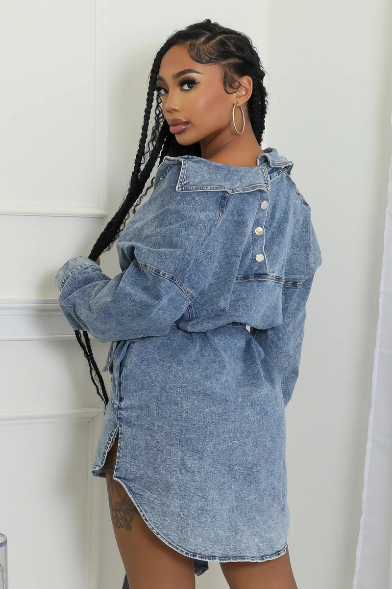 Long Sleeve Single breasted Tie Up Denim Coat WXHY XHY4013