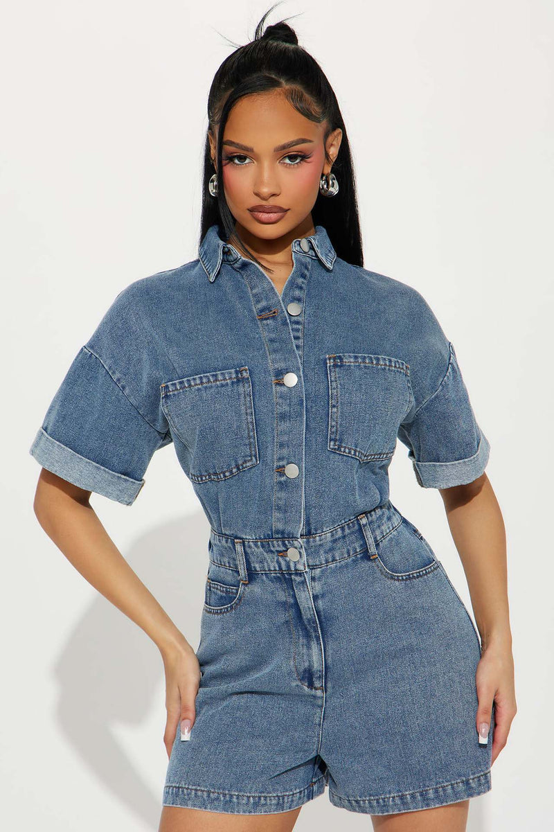 Short Sleeve Loose Washed Denim Romper LX 3573