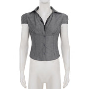 Lace Patchwork V Neck Stripe Shirt GPKJ MR47213