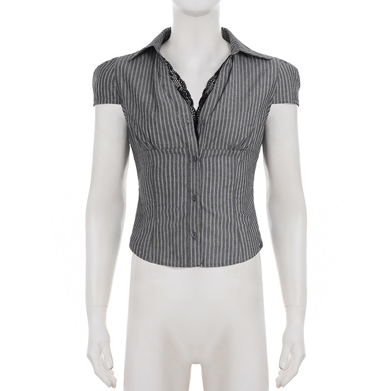 Lace Patchwork V Neck Stripe Shirt GPKJ MR47213