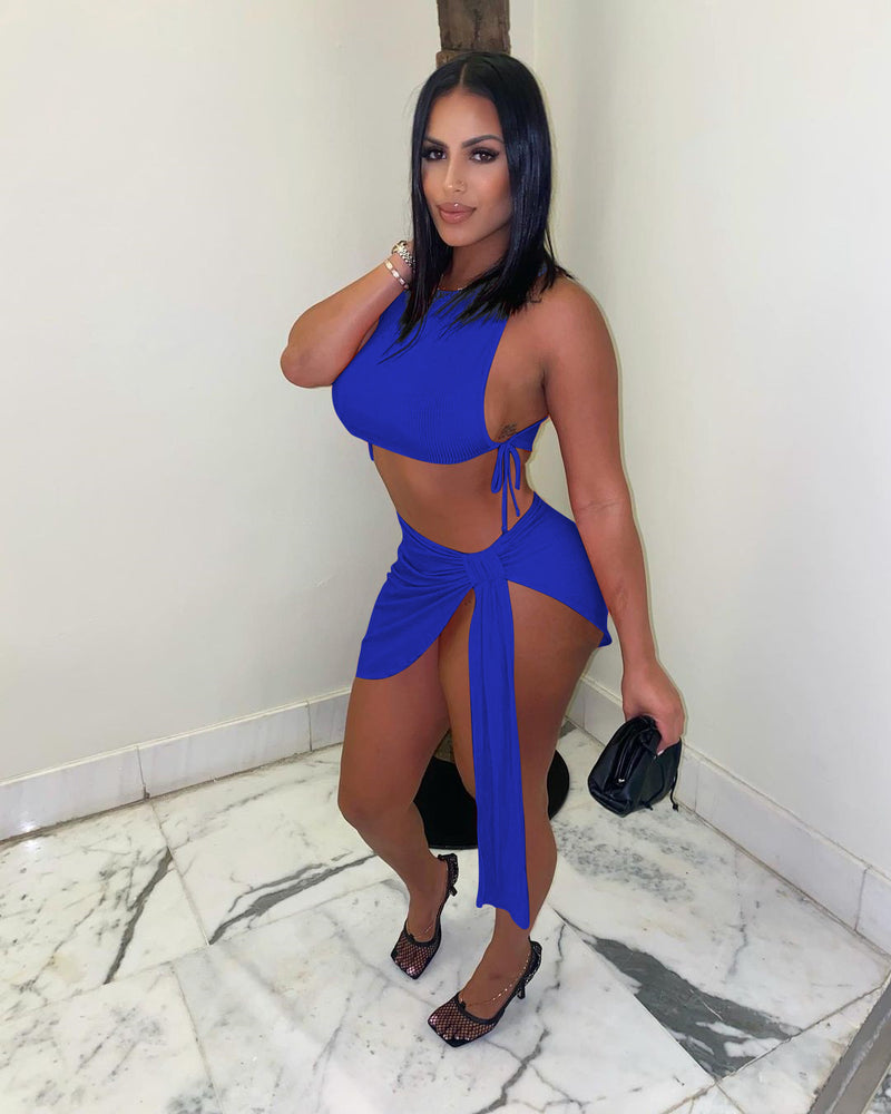 Solid Lace Up Sleeveless Mini Skirt 2 Piece Sets NIK 251