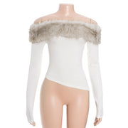 Fur Neck One Shoulder Tops GAXB D397TP