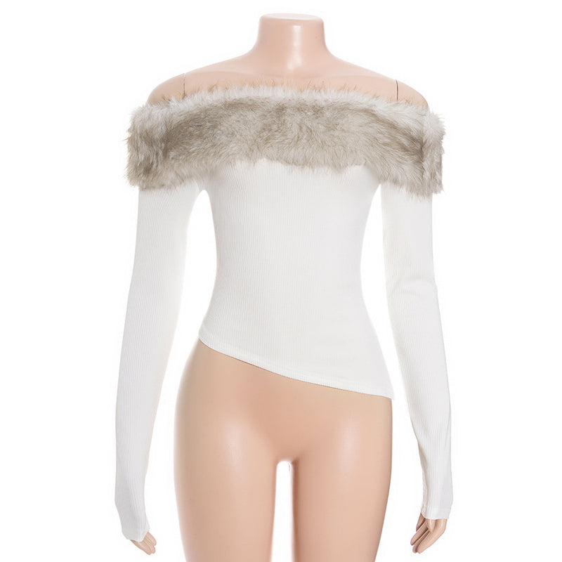 Fur Neck One Shoulder Tops GAXB D397TP
