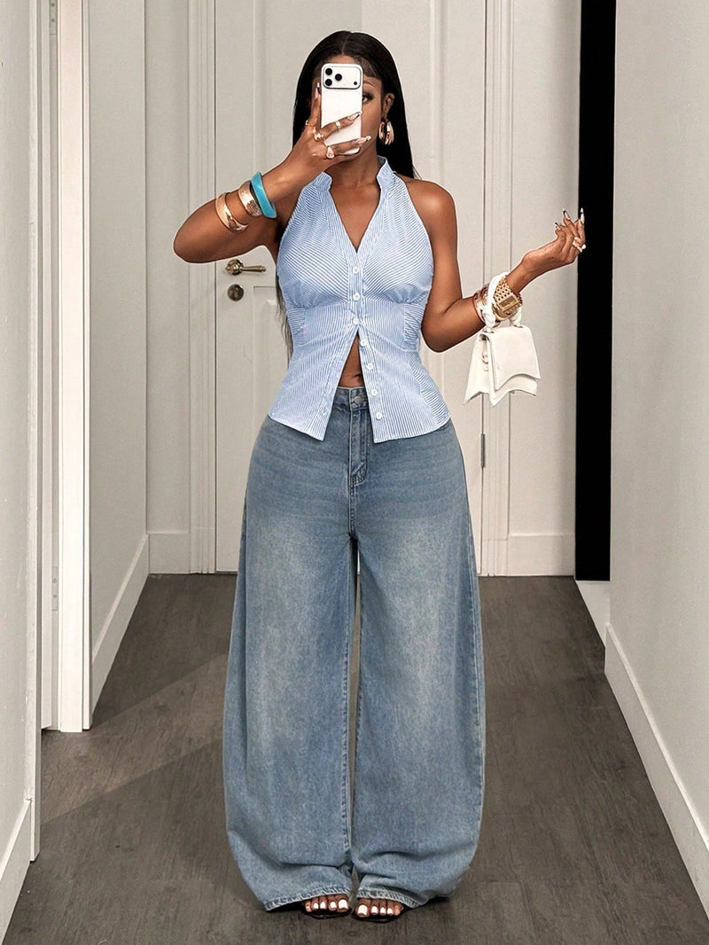 Deep V Neck Stripe Sleeveless Shirt GHYX TXY5481